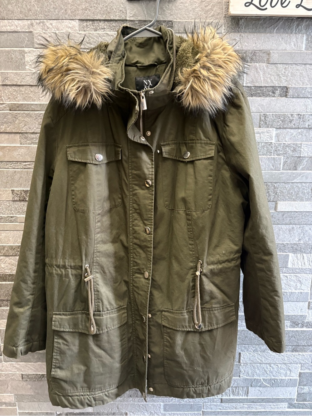 NYC Olive Green Parka with Faux Fur Hood Trim